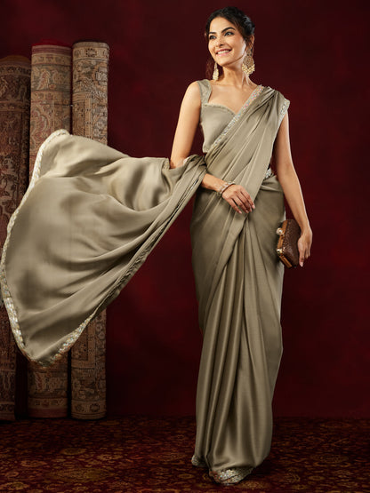 Janasya Women's Champagne Silk Blend One-Minute Ready-to-Wear Embellished Saree with Unstitched Blouse