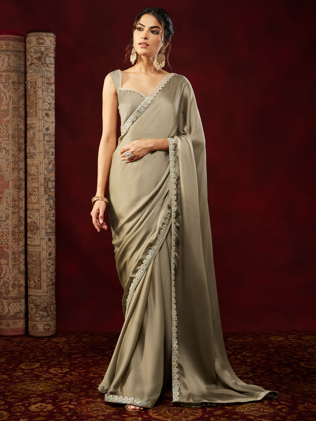 Janasya Women's Champagne Silk Blend One-Minute Ready-to-Wear Embellished Saree with Unstitched Blouse
