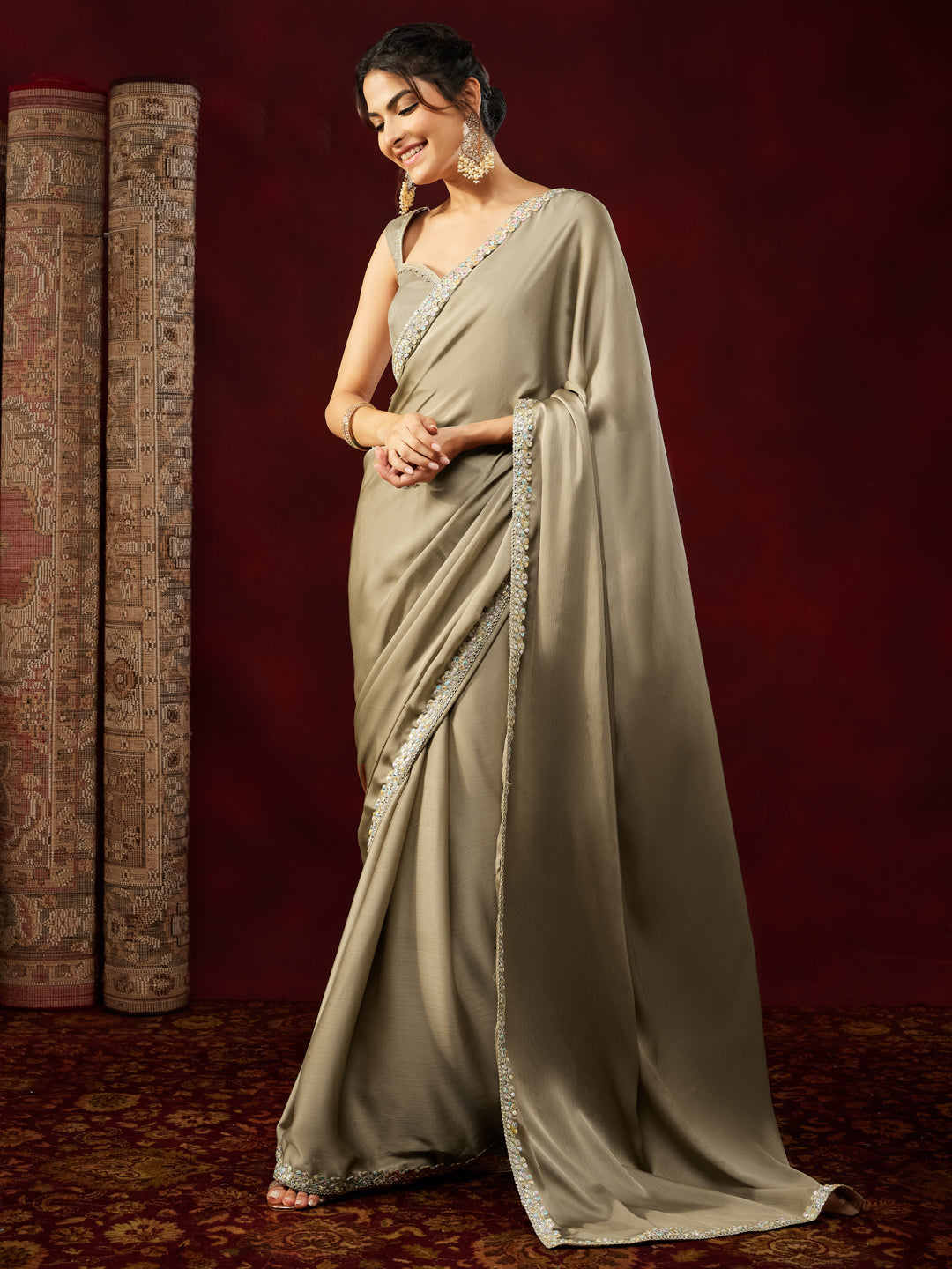 Janasya Women's Champagne Silk Blend One-Minute Ready-to-Wear Embellished Saree with Unstitched Blouse