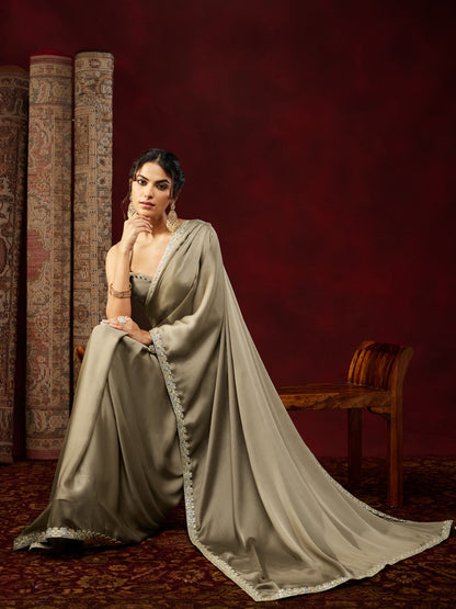 Janasya Women's Champagne Silk Blend One-Minute Ready-to-Wear Embellished Saree with Unstitched Blouse