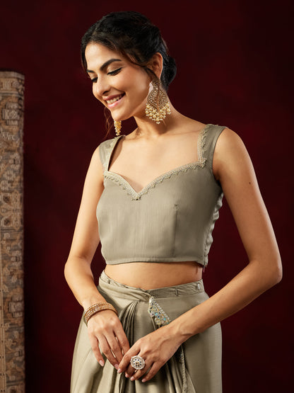 Janasya Women's Champagne Silk Blend One-Minute Ready-to-Wear Embellished Saree with Unstitched Blouse