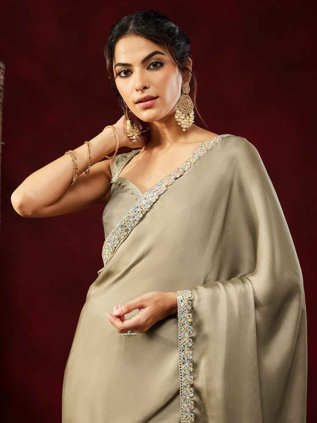 Janasya Women's Champagne Silk Blend One-Minute Ready-to-Wear Embellished Saree with Unstitched Blouse