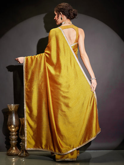 Janasya Women's Mustard Silk Blend One-Minute Ready-to-Wear Embellished Saree with Unstitched Blouse