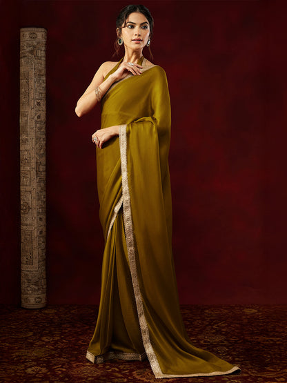 Janasya Women's Mustard Silk Blend One-Minute Ready-to-Wear Embellished Saree with Unstitched Blouse