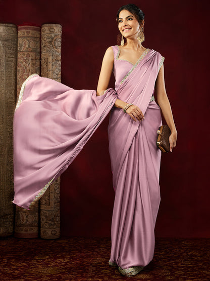 Janasya Women's Powder Pink Silk Blend One-Minute Ready-to-Wear Embellished Saree with Unstitched Blouse