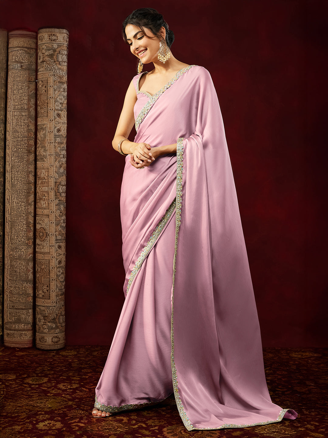 Janasya Women's Powder Pink Silk Blend One-Minute Ready-to-Wear Embellished Saree with Unstitched Blouse
