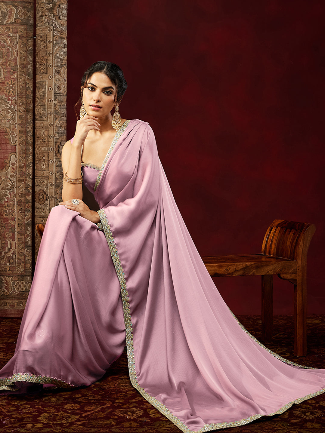 Janasya Women's Powder Pink Silk Blend One-Minute Ready-to-Wear Embellished Saree with Unstitched Blouse