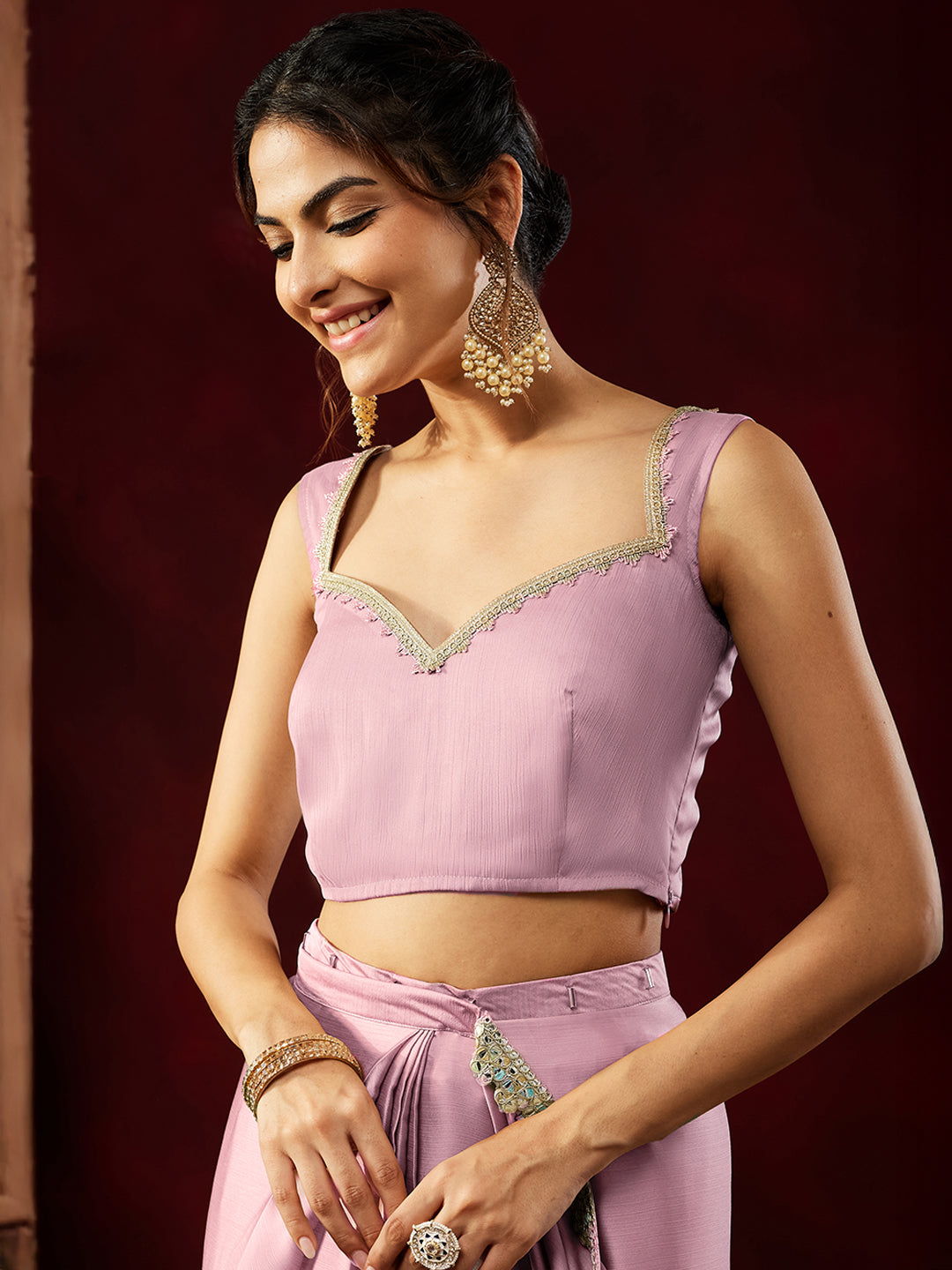 Janasya Women's Powder Pink Silk Blend One-Minute Ready-to-Wear Embellished Saree with Unstitched Blouse