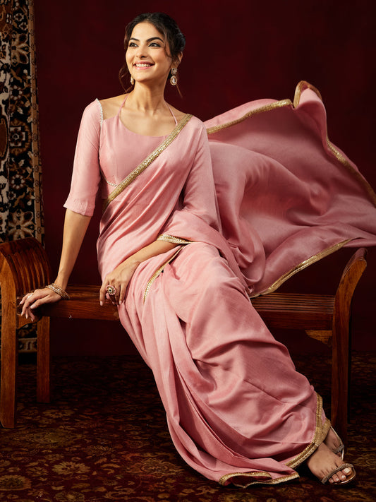 Janasya Women's Pink Silk Blend One-Minute Ready-to-Wear Embellished Saree with Unstitched Blouse