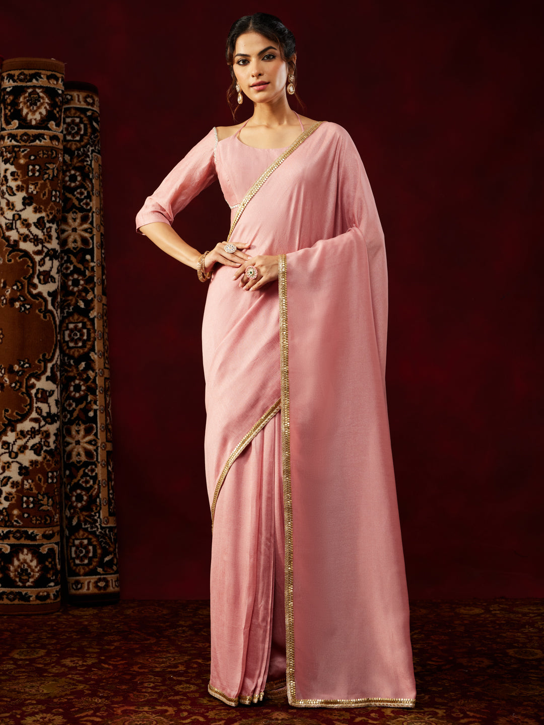 Janasya Women's Pink Silk Blend One-Minute Ready-to-Wear Embellished Saree with Unstitched Blouse