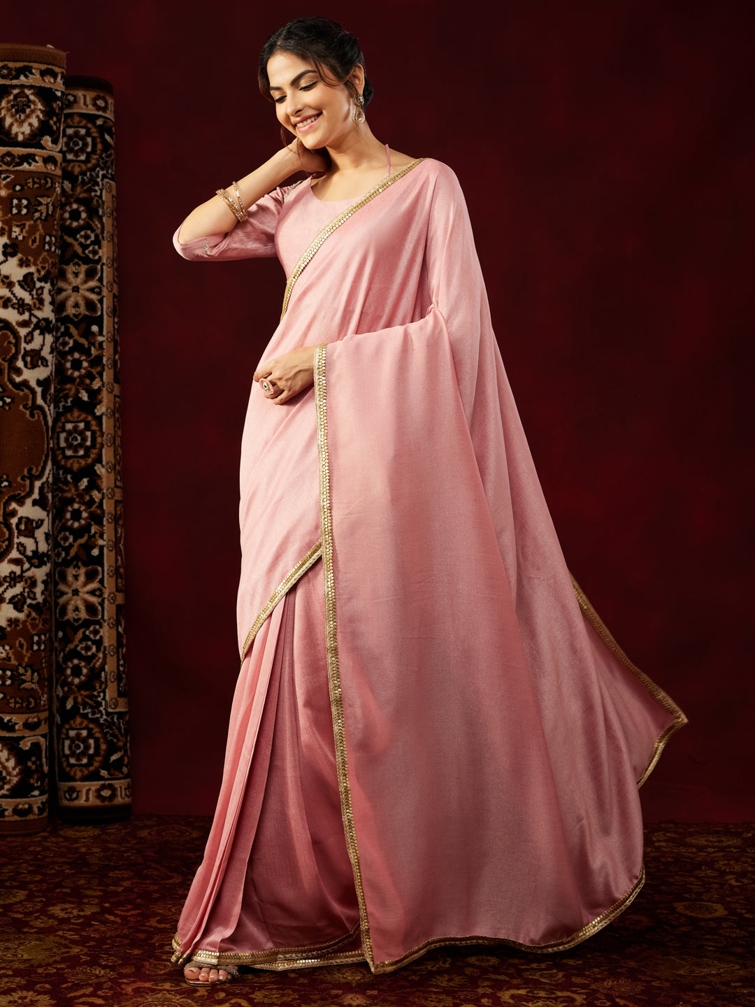 Janasya Women's Pink Silk Blend One-Minute Ready-to-Wear Embellished Saree with Unstitched Blouse