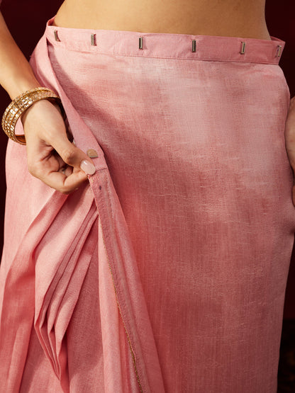 Janasya Women's Pink Silk Blend One-Minute Ready-to-Wear Embellished Saree with Unstitched Blouse