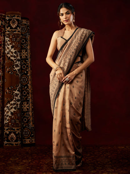 Janasya Women's Brown Silk Blend One-Minute Ready-to-Wear Printed Saree with Unstitched Blouse