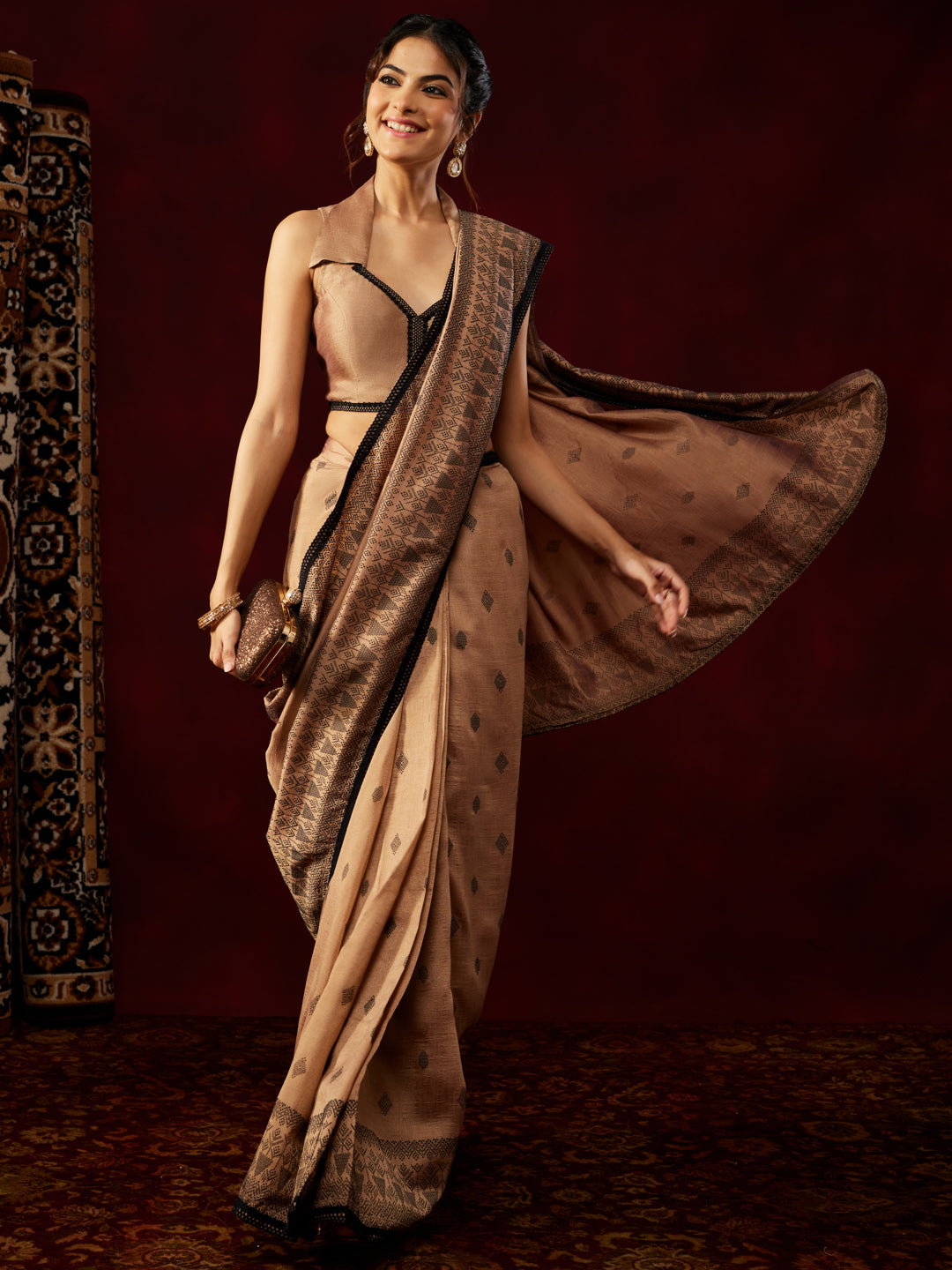 Janasya Women's Brown Silk Blend One-Minute Ready-to-Wear Printed Saree with Unstitched Blouse