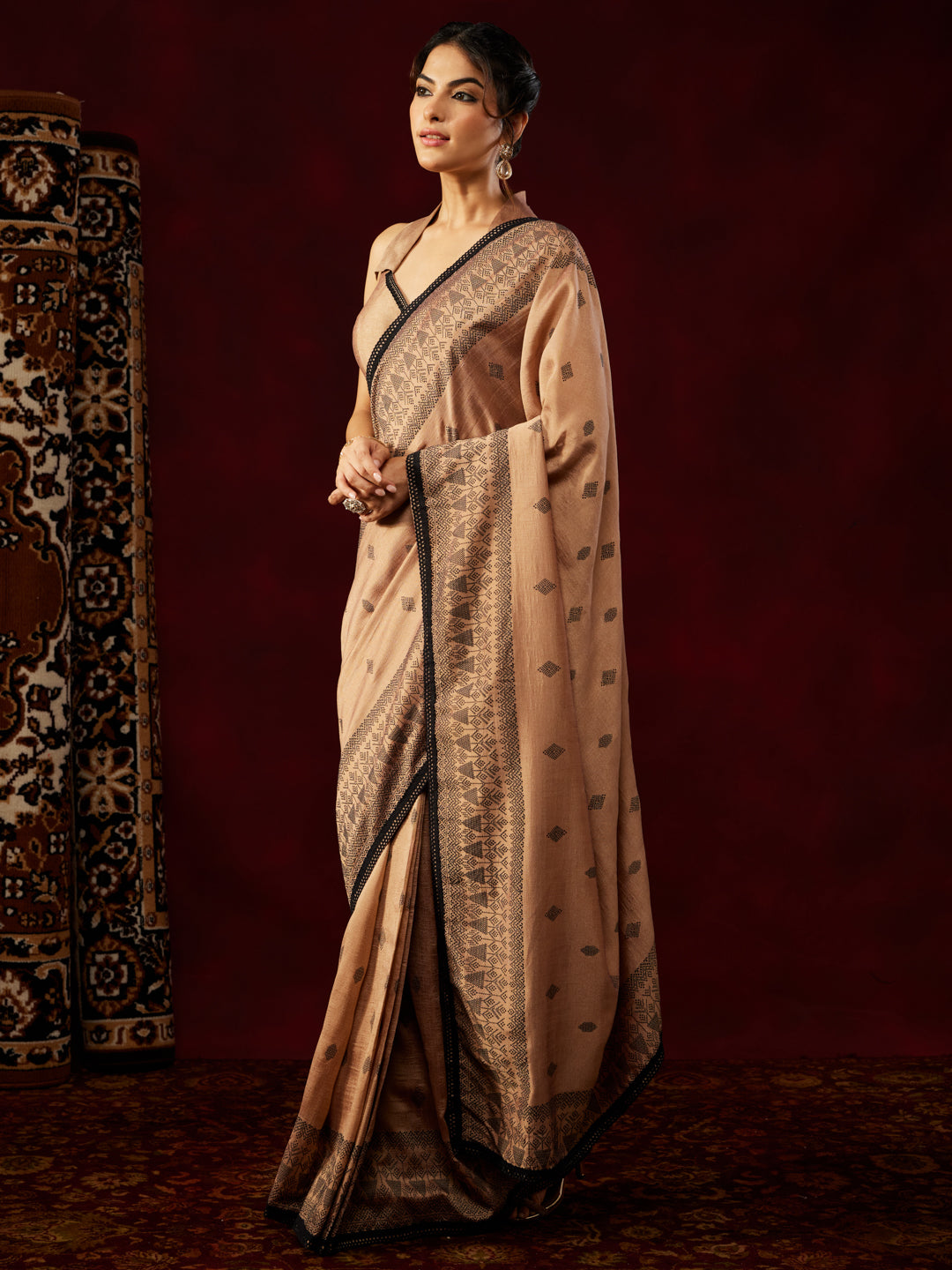Janasya Women's Brown Silk Blend One-Minute Ready-to-Wear Printed Saree with Unstitched Blouse