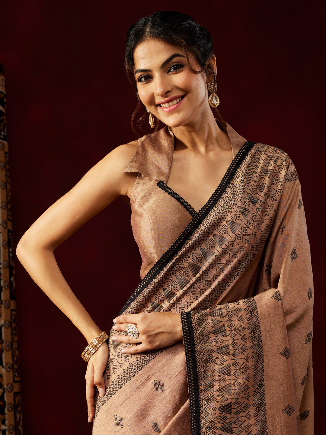 Janasya Women's Brown Silk Blend One-Minute Ready-to-Wear Printed Saree with Unstitched Blouse