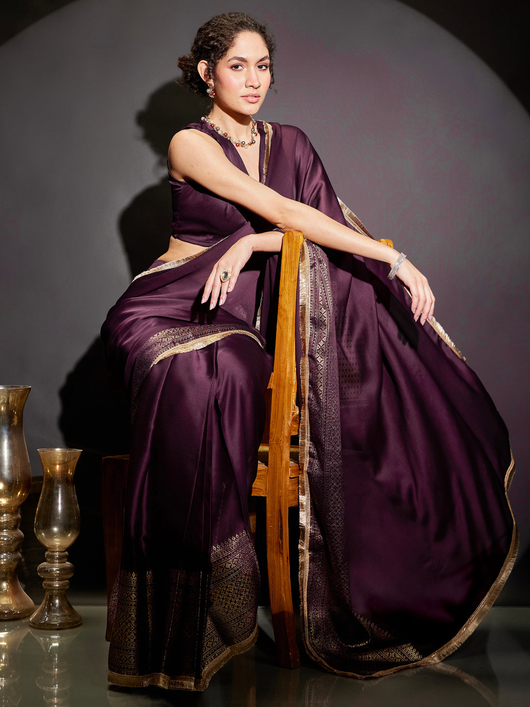 Janasya Women's Wine Silk Blend One-Minute Ready-to-Wear Gold Printed Saree with Unstitched Blouse