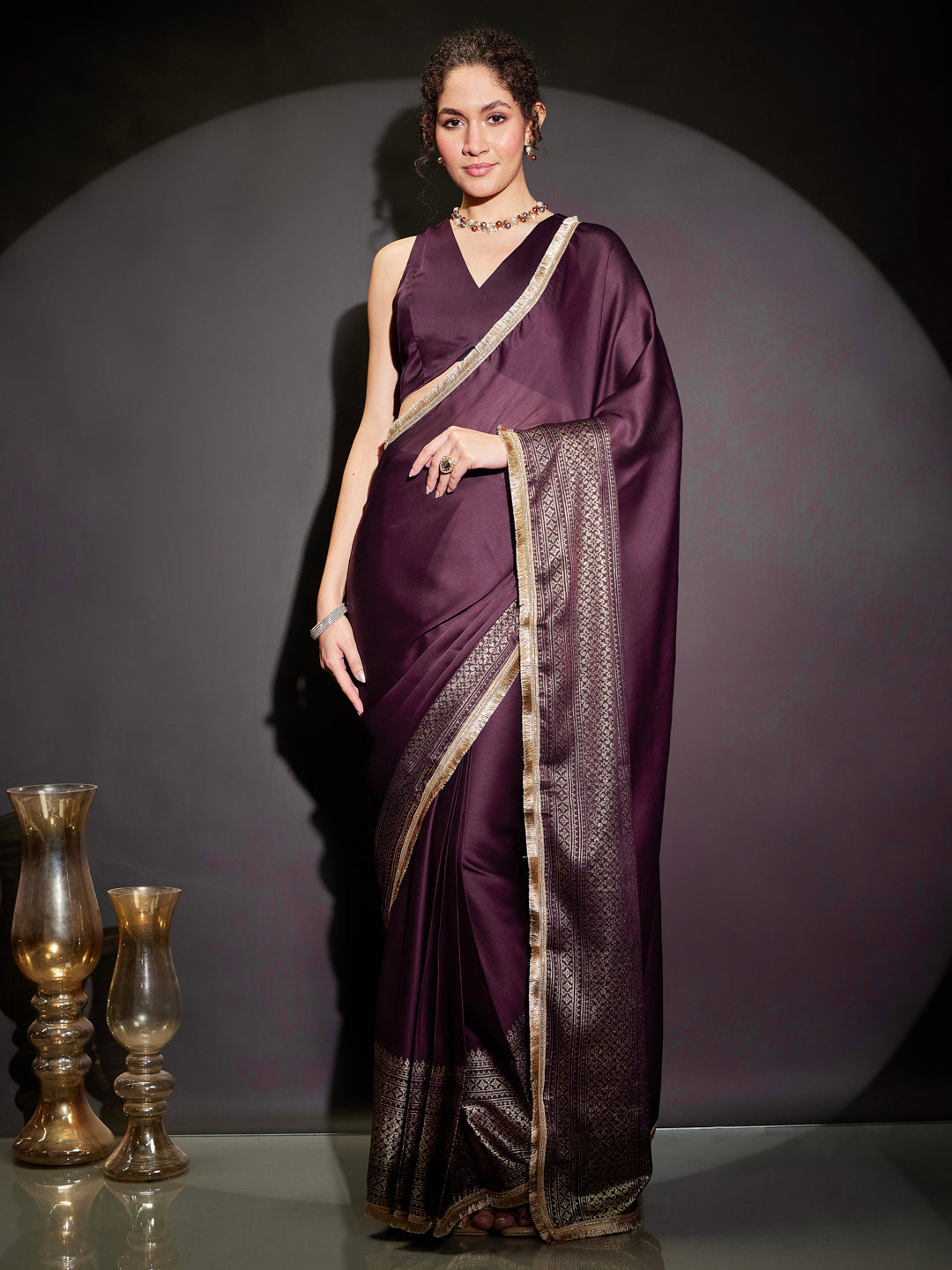Janasya Women's Wine Silk Blend One-Minute Ready-to-Wear Gold Printed Saree with Unstitched Blouse