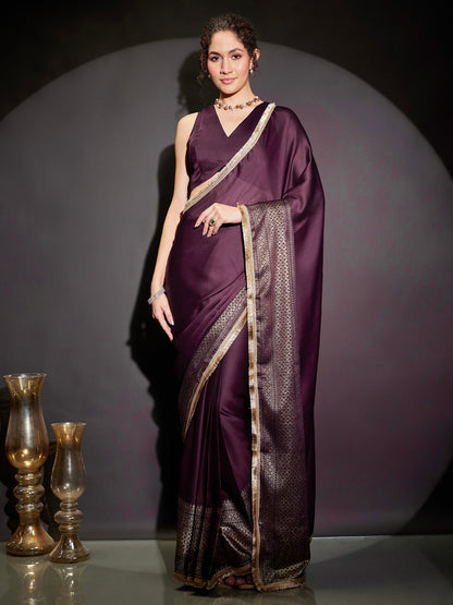 Janasya Women's Wine Silk Blend One-Minute Ready-to-Wear Gold Printed Saree with Unstitched Blouse