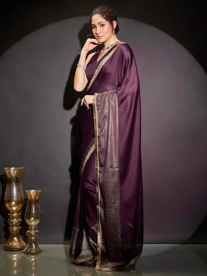 Janasya Women's Wine Silk Blend One-Minute Ready-to-Wear Gold Printed Saree with Unstitched Blouse