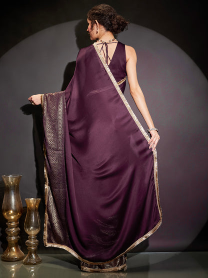 Janasya Women's Wine Silk Blend One-Minute Ready-to-Wear Gold Printed Saree with Unstitched Blouse