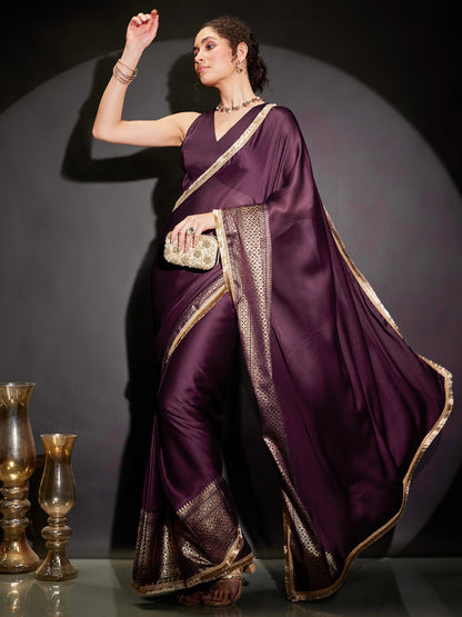 Janasya Women's Wine Silk Blend One-Minute Ready-to-Wear Gold Printed Saree with Unstitched Blouse