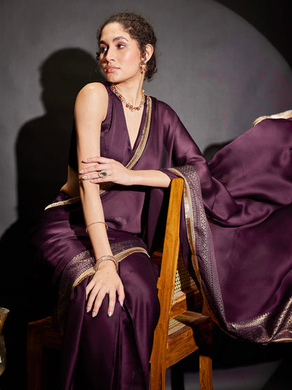 Janasya Women's Wine Silk Blend One-Minute Ready-to-Wear Gold Printed Saree with Unstitched Blouse