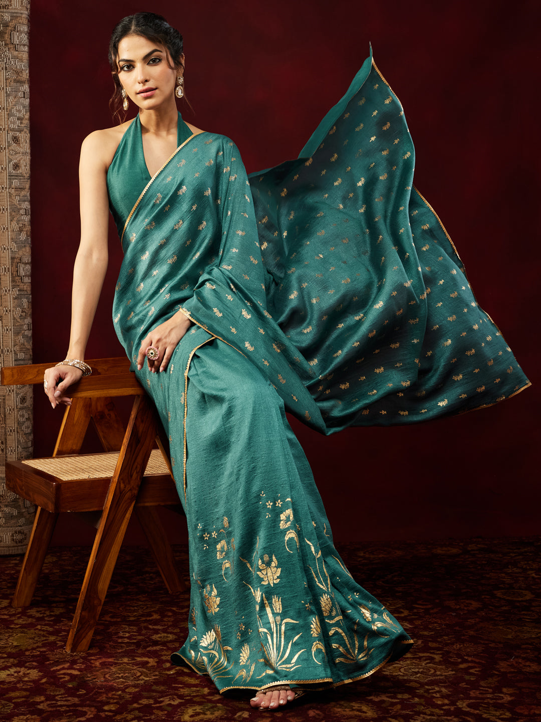 Janasya Women's Teal Blue Silk Blend One-Minute Ready-to-Wear Gold Printed Saree with Unstitched Blouse