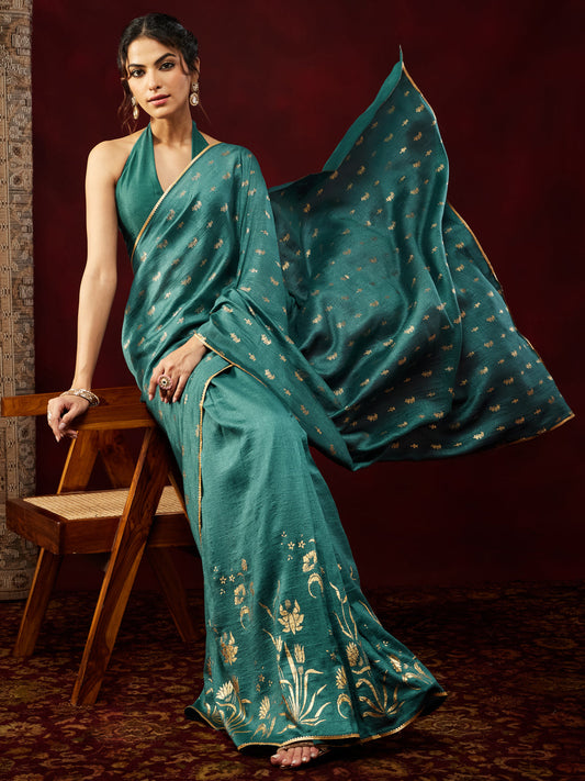 Janasya Women's Teal Blue Silk Blend One-Minute Ready-to-Wear Gold Printed Saree with Unstitched Blouse