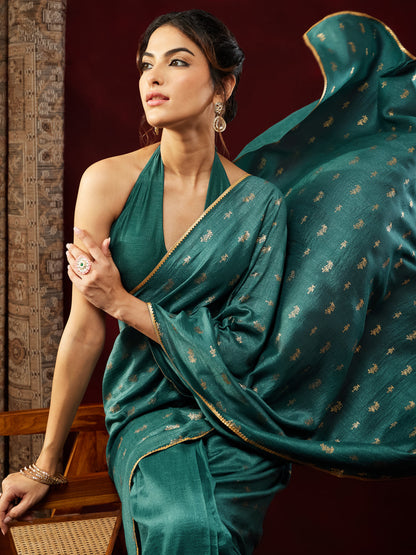 Janasya Women's Teal Blue Silk Blend One-Minute Ready-to-Wear Gold Printed Saree with Unstitched Blouse