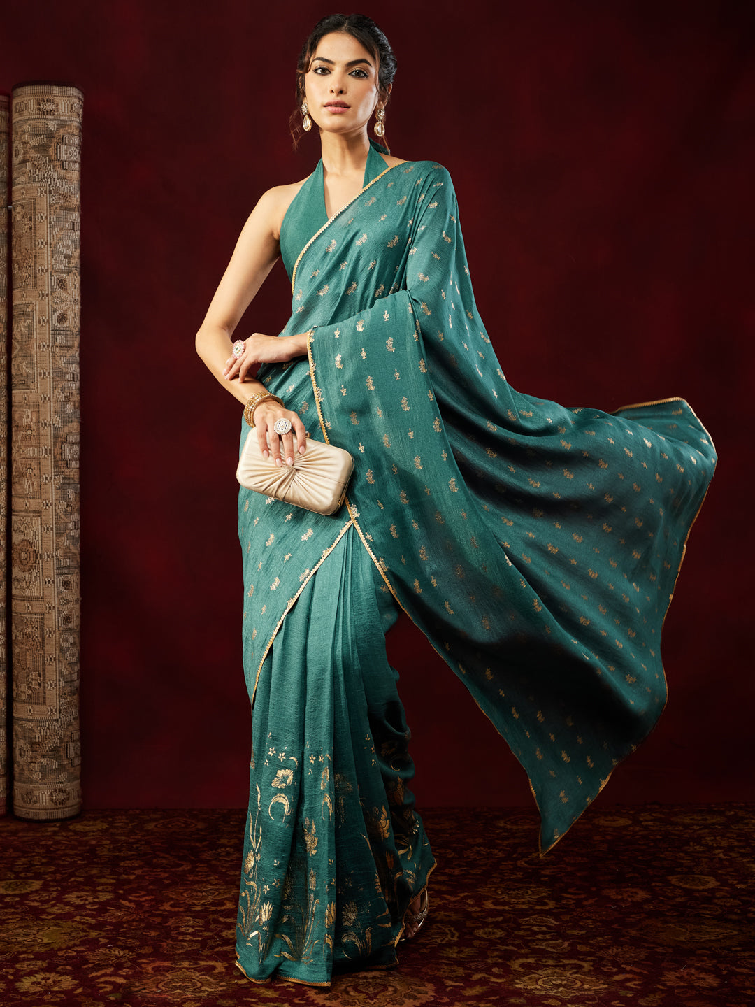 Janasya Women's Teal Blue Silk Blend One-Minute Ready-to-Wear Gold Printed Saree with Unstitched Blouse
