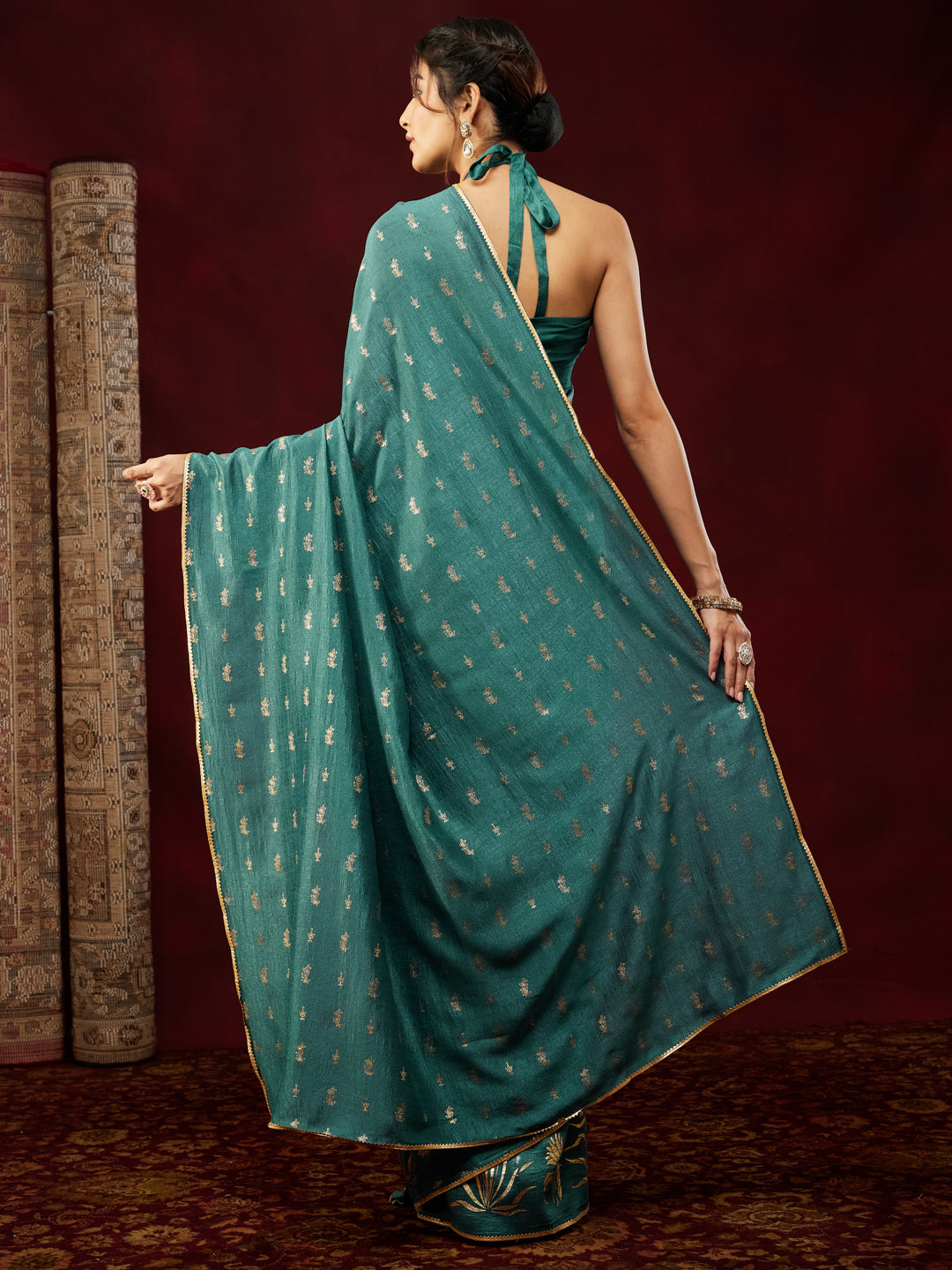 Janasya Women's Teal Blue Silk Blend One-Minute Ready-to-Wear Gold Printed Saree with Unstitched Blouse