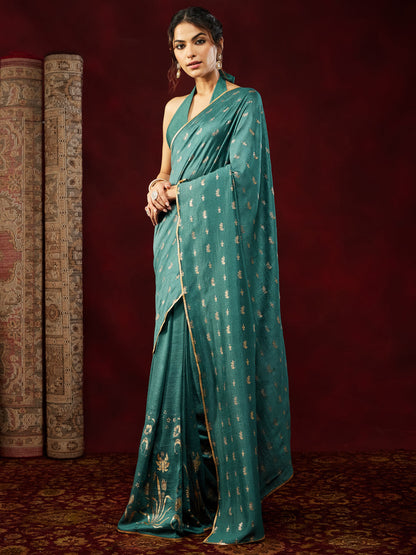 Janasya Women's Teal Blue Silk Blend One-Minute Ready-to-Wear Gold Printed Saree with Unstitched Blouse