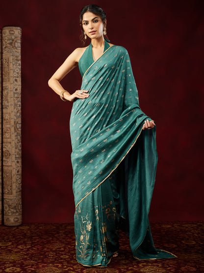Janasya Women's Teal Blue Silk Blend One-Minute Ready-to-Wear Gold Printed Saree with Unstitched Blouse