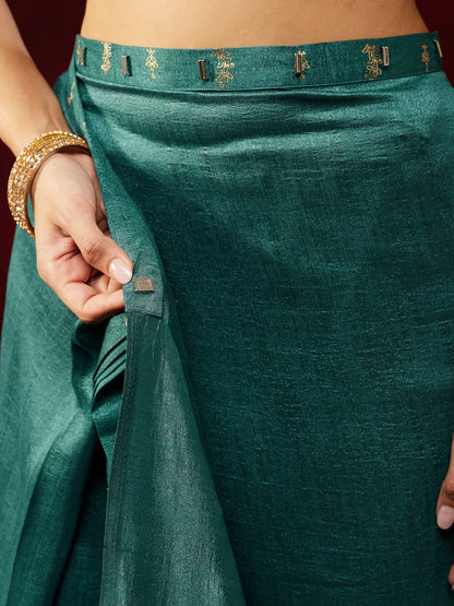 Janasya Women's Teal Blue Silk Blend One-Minute Ready-to-Wear Gold Printed Saree with Unstitched Blouse