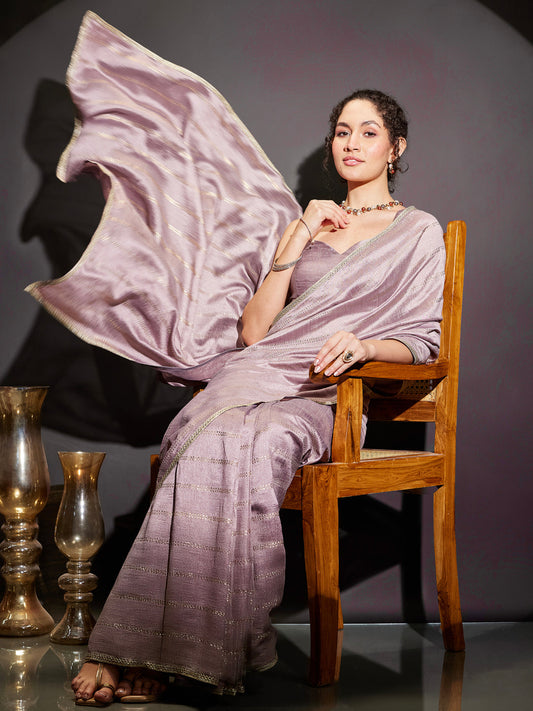 Janasya Women's Lavender Silk Blend One-Minute Ready-to-Wear Embellished Saree with Unstitched Blouse