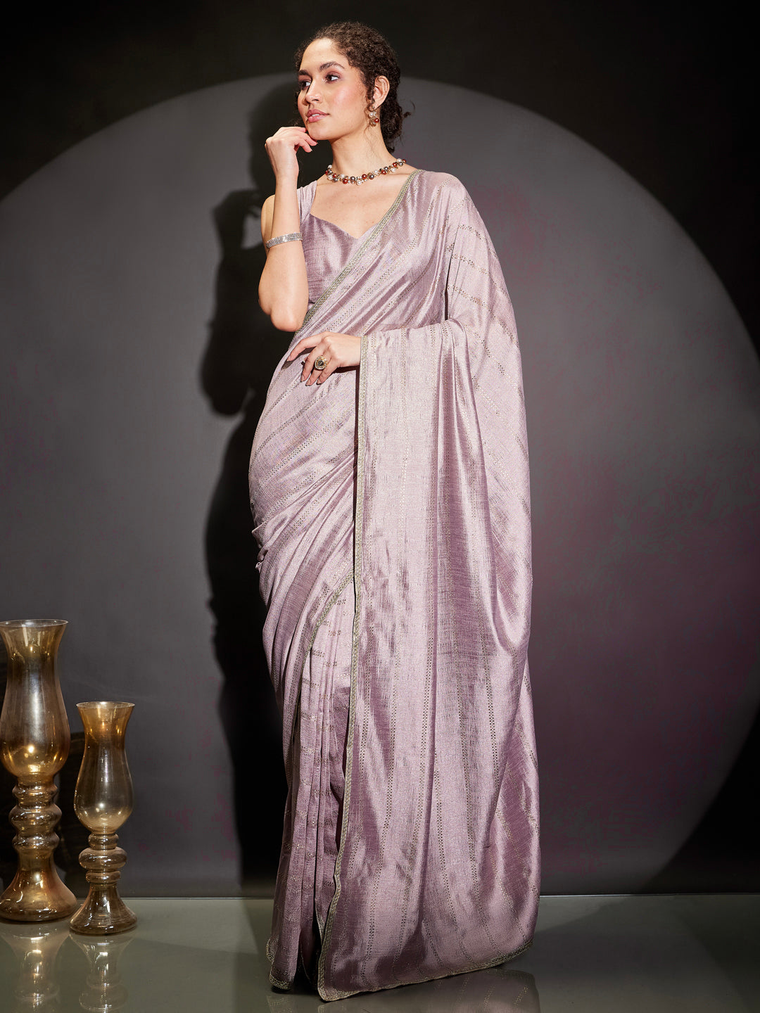 Janasya Women's Lavender Silk Blend One-Minute Ready-to-Wear Embellished Saree with Unstitched Blouse
