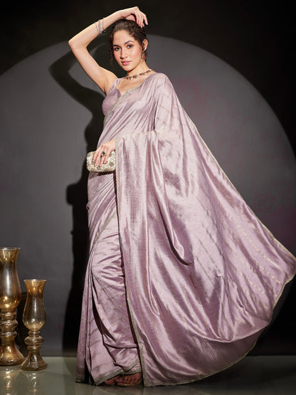 Janasya Women's Lavender Silk Blend One-Minute Ready-to-Wear Embellished Saree with Unstitched Blouse