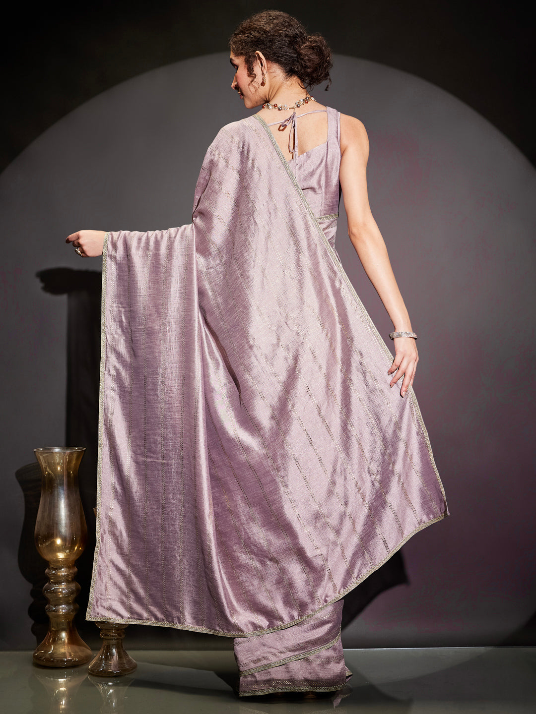 Janasya Women's Lavender Silk Blend One-Minute Ready-to-Wear Embellished Saree with Unstitched Blouse