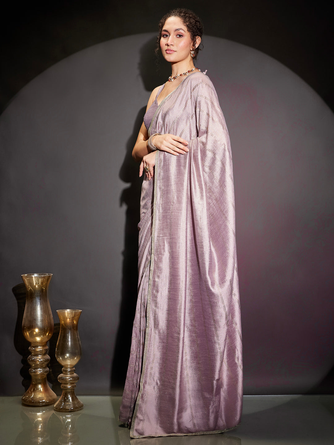 Janasya Women's Lavender Silk Blend One-Minute Ready-to-Wear Embellished Saree with Unstitched Blouse