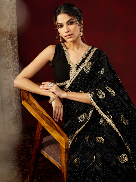 Janasya Women's Black Silk Blend One-Minute Ready-to-Wear Gold Printed Saree with Unstitched Blouse
