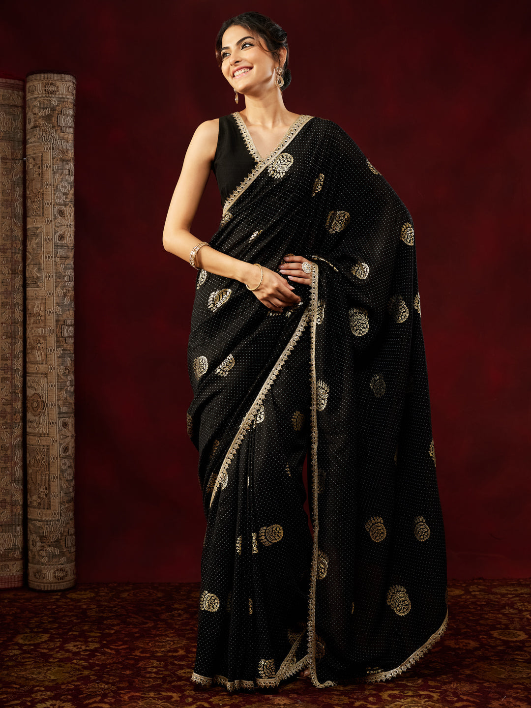 Janasya Women's Black Silk Blend One-Minute Ready-to-Wear Gold Printed Saree with Unstitched Blouse