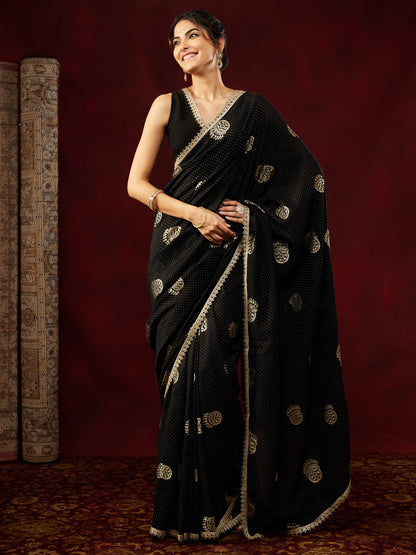 Janasya Women's Black Silk Blend One-Minute Ready-to-Wear Gold Printed Saree with Unstitched Blouse
