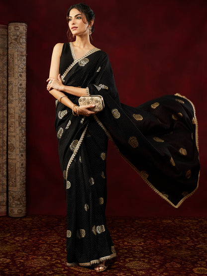 Janasya Women's Black Silk Blend One-Minute Ready-to-Wear Gold Printed Saree with Unstitched Blouse