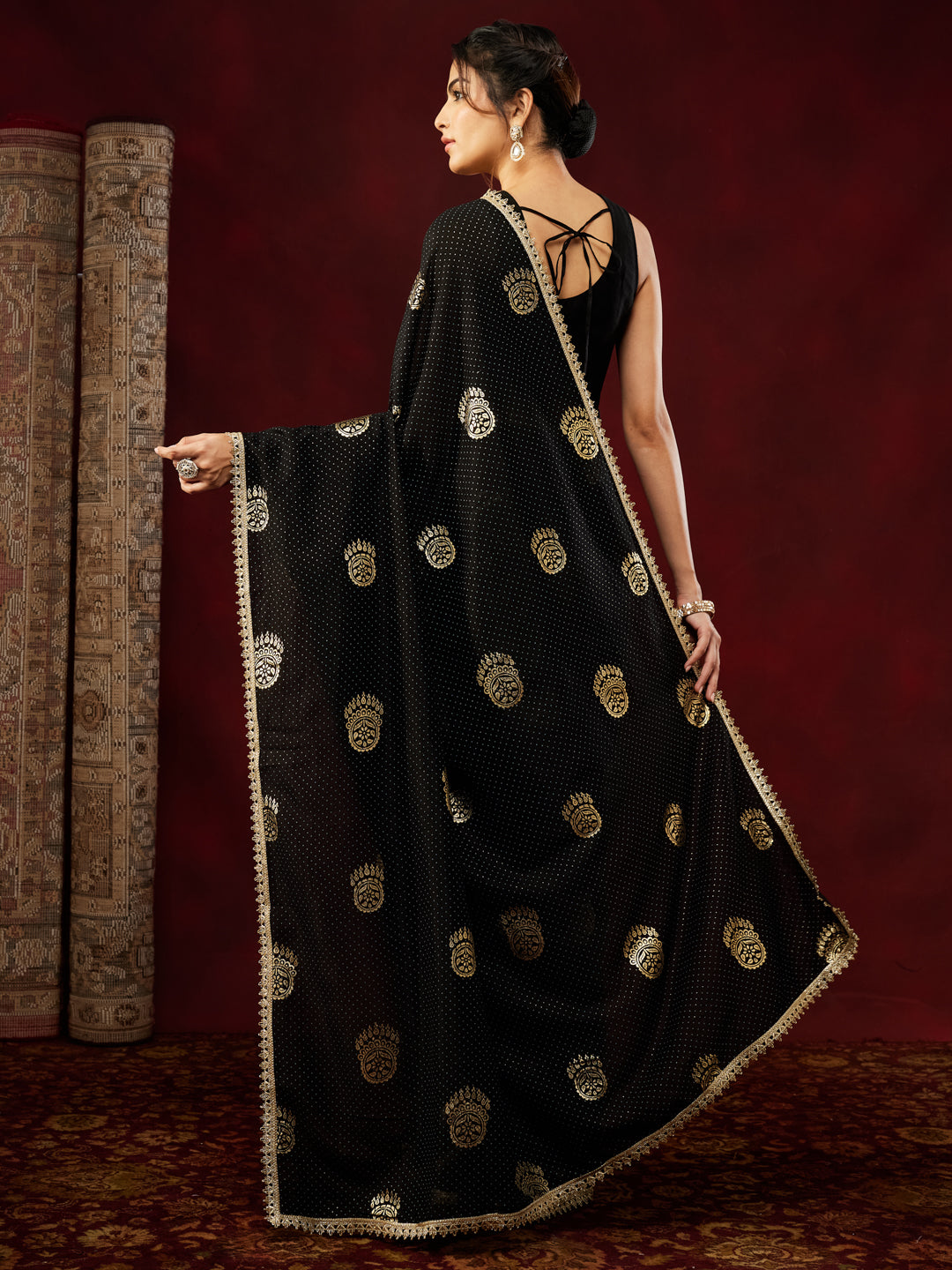 Janasya Women's Black Silk Blend One-Minute Ready-to-Wear Gold Printed Saree with Unstitched Blouse