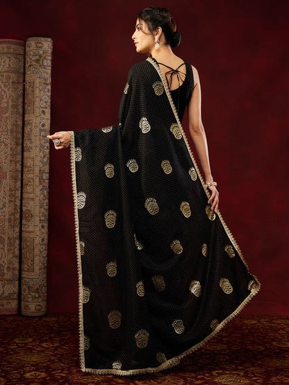 Janasya Women's Black Silk Blend One-Minute Ready-to-Wear Gold Printed Saree with Unstitched Blouse