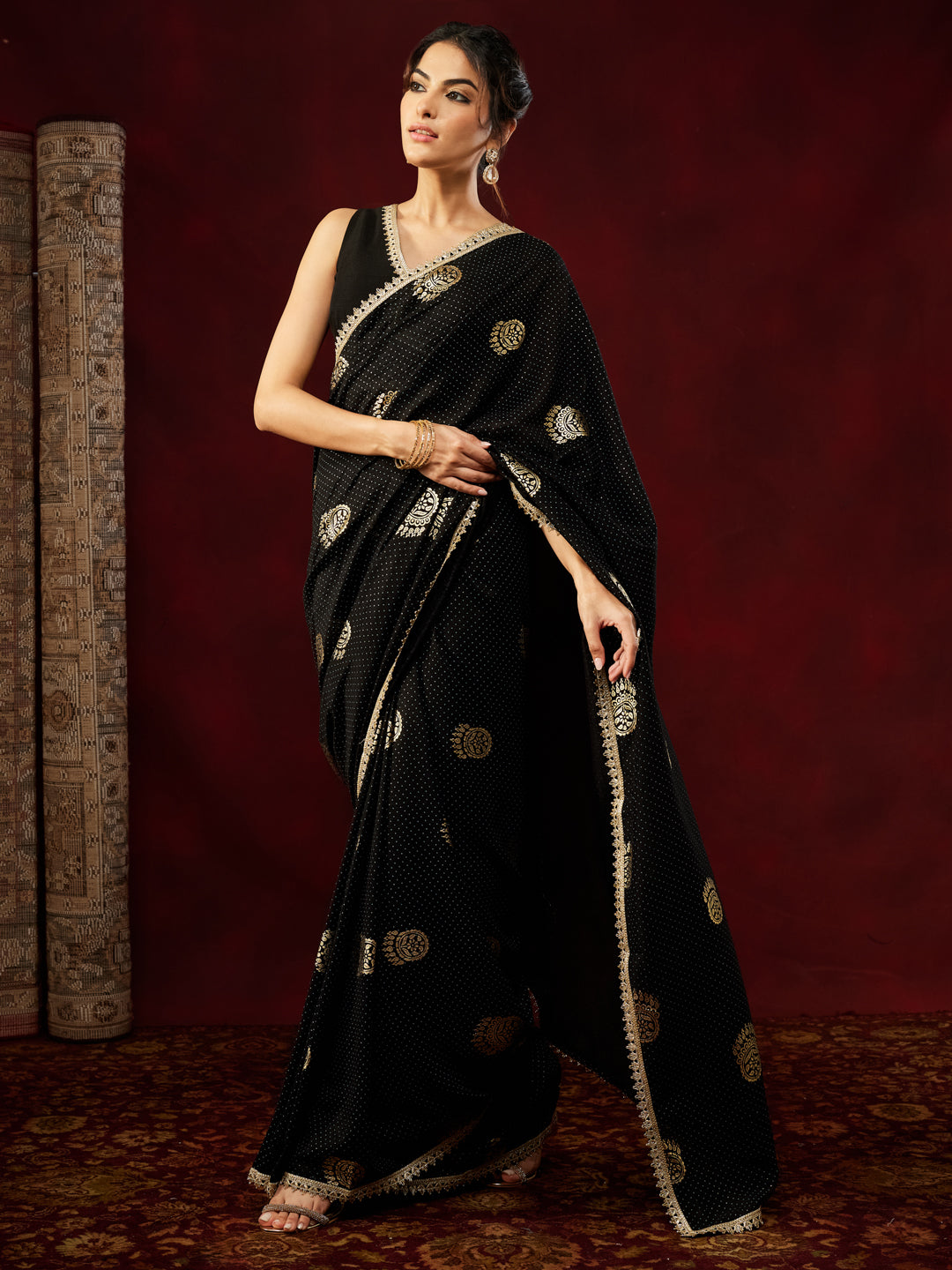 Janasya Women's Black Silk Blend One-Minute Ready-to-Wear Gold Printed Saree with Unstitched Blouse