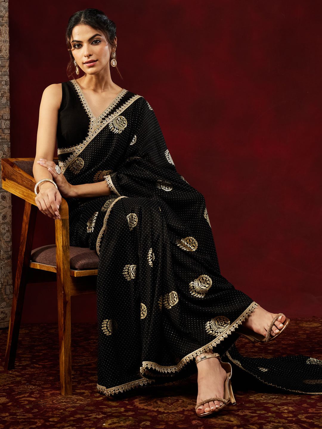 Janasya Women's Black Silk Blend One-Minute Ready-to-Wear Gold Printed Saree with Unstitched Blouse