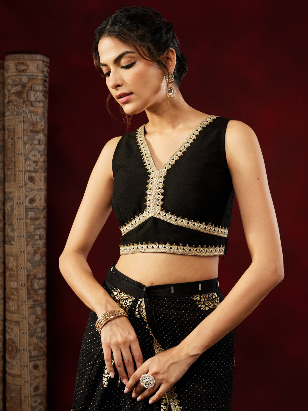 Janasya Women's Black Silk Blend One-Minute Ready-to-Wear Gold Printed Saree with Unstitched Blouse