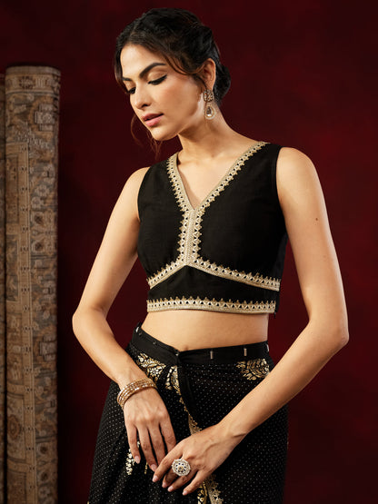 Janasya Women's Black Silk Blend One-Minute Ready-to-Wear Gold Printed Saree with Unstitched Blouse